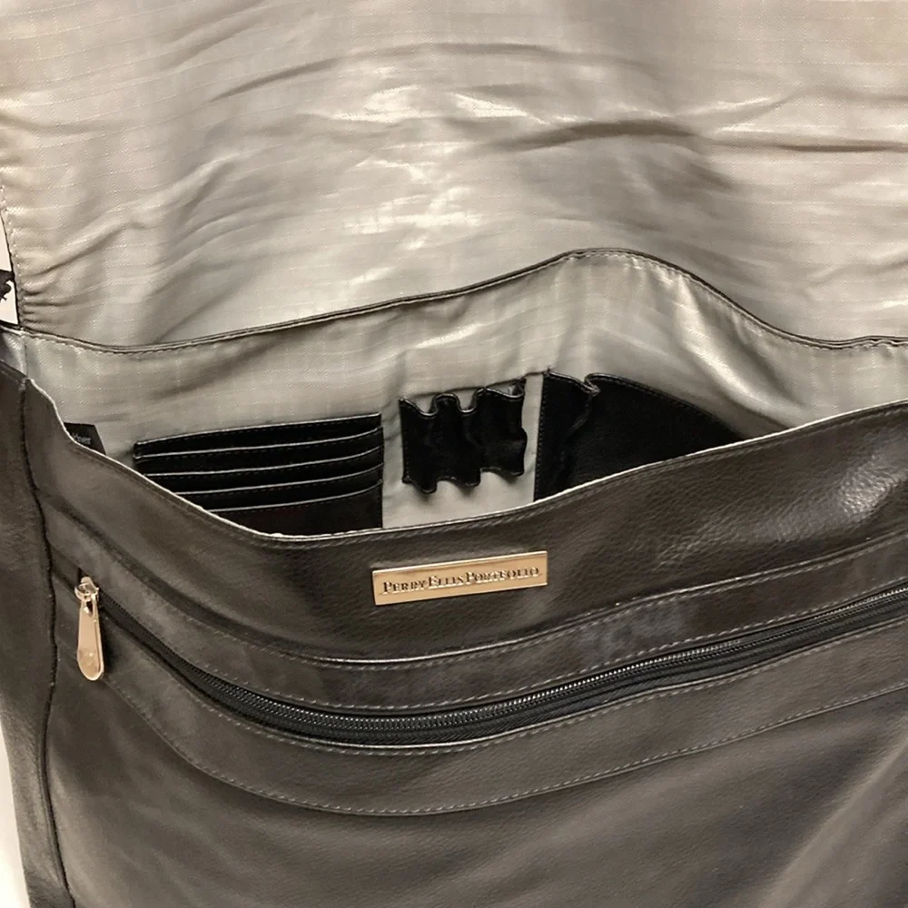 PERRY ELLIS POLFOLIO Black Leather Briefcase Messenger Bag UNISEX